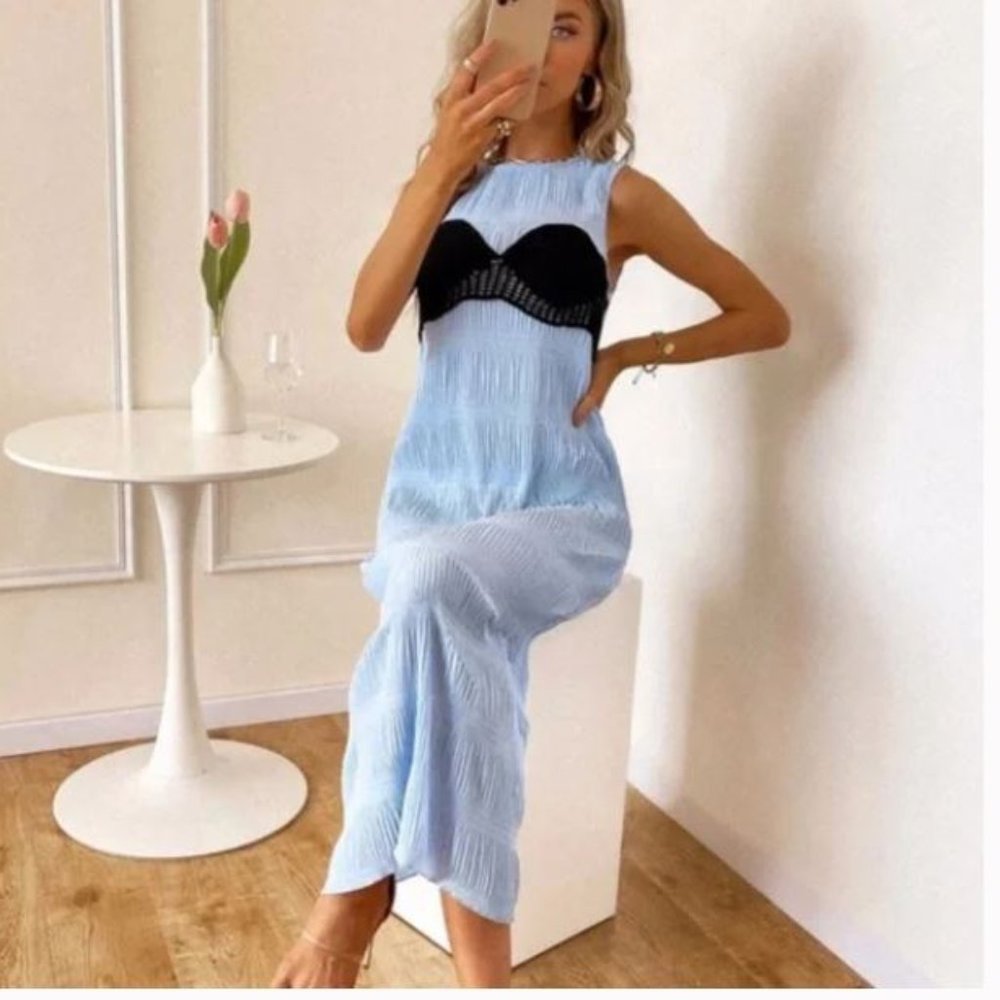 Zara Crinkle Blue Pleated and Black Crochet Detail Midi Dress